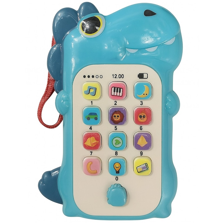 Jucarie Telefon Inteligent Interactiv, Flippy, Telefon Inteligent, Model Dinozaur, Functii Educative, Muzicale si Voce, 4-6 ani, 19 x 11.5 cm, din Plastic, Albastru