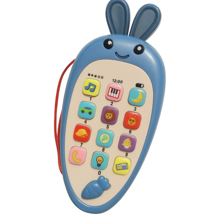 Интерактивна играчка смартфон Flippy, форма на морков, образователна, музикални и гласови функции, 4-6 години, 19 x 11,5 см, пластмаса, син