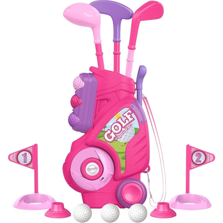 Set de golf pentru copii, Ronyes, 3 crose, 6 mingi, multicolor/roz, plastic