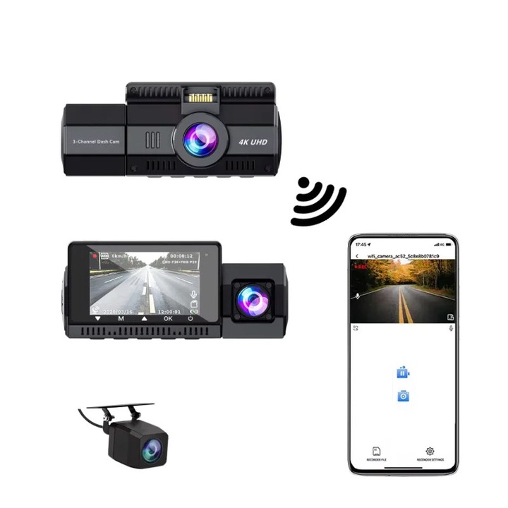 Camera de Bord ProDrivers Triple 4K UHD, Camera Fata 4K, Interior 1080P si Spate 1080P, GPS, WiFi 2.4GHz, Viziune Nocturna IR, DVR Auto Profesional, Wifi, GPS, Aplicatie mobila