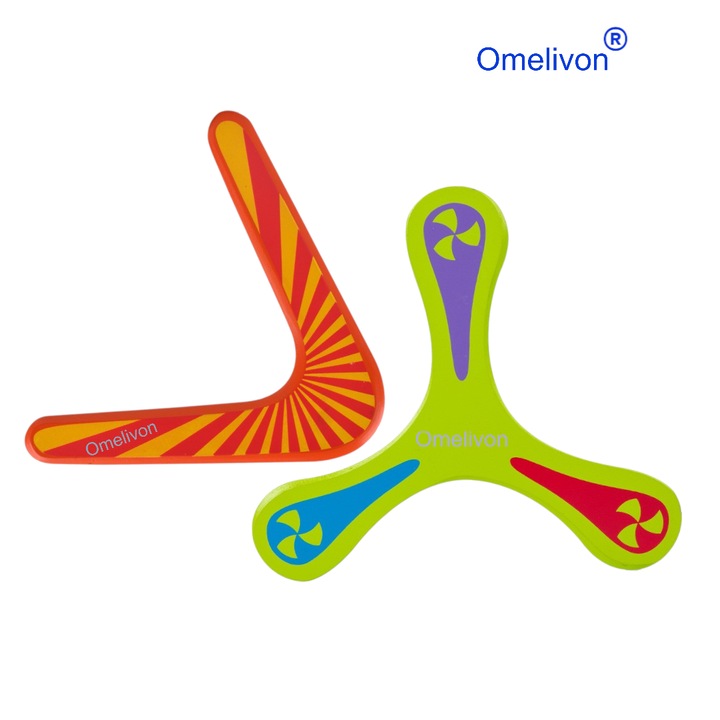 Set bumeranguri Omelivon, 2 forme (V si triunghiular), din plastic ecologic, multicolor, pentru activități în aer liber, 5 ani+