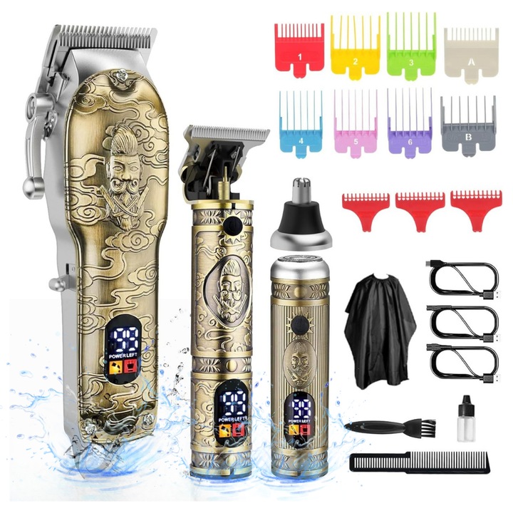 Masina de tuns si aparat de ras, 3 in 1, profesionala, trimmer cu lama T pentru par/barba/par corporal/nas, cu acumulator, afisaj LED, Set, rezistent la apa, retro barber, auriu/bronz, FilSAB
