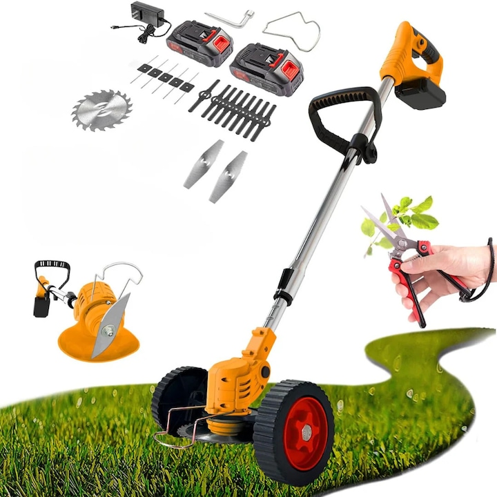 Електрическа коса за храсти 48V, 4000 mAh, 18000 об/мин, с 2 батерии 48V и подвижни колела