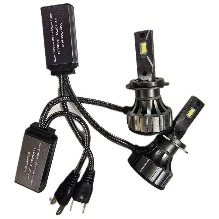 Becuri LED Auto H7 V20 CANBUS – Putere si Vizibilitate Maxima! Temperatura de culoare: 6000K ± 500 – lumina alba, clara, Conector cu 2 pini – compatibil cu majoritatea autovehiculelor cu prindere H7