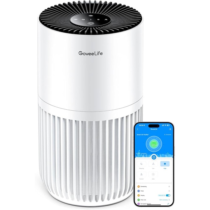 Purificator de aer GoveeLife Mini pentru dormitor, cu filtru Intell.HEPA, ontrol prin Alexa, pentru prevenirea parului de animale, mirosurilor, polenului si fumului, 3 trepte de viteza, arome