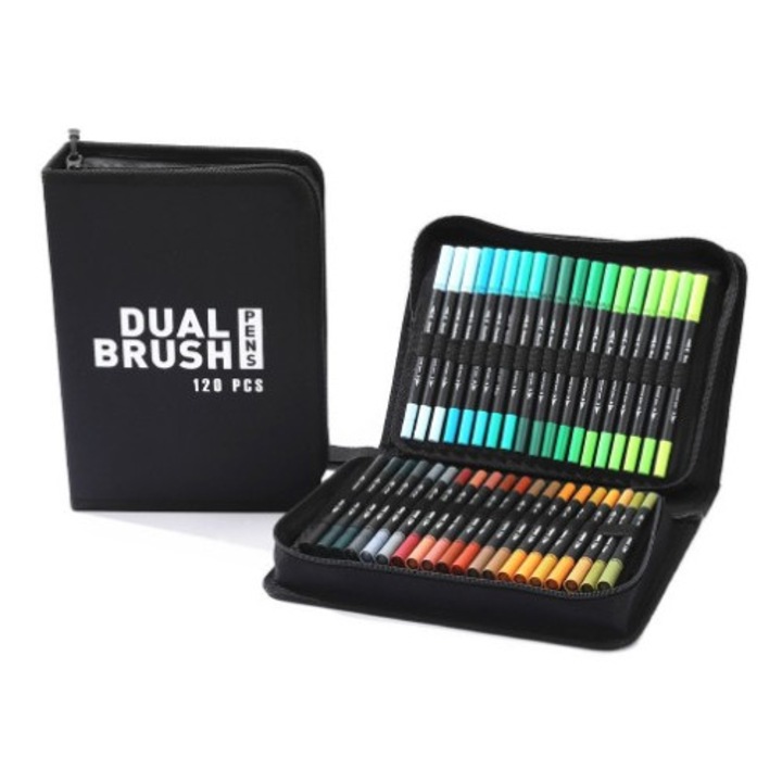 Set Carioci pe Baza de Apa, Cyrax, 2 in 1, pentru Pictura, Caligrafie, 120 Culori, Penar Negru, Corp Carioca Negru, 27.5 x 19.5 x 8 cm, Multicolor