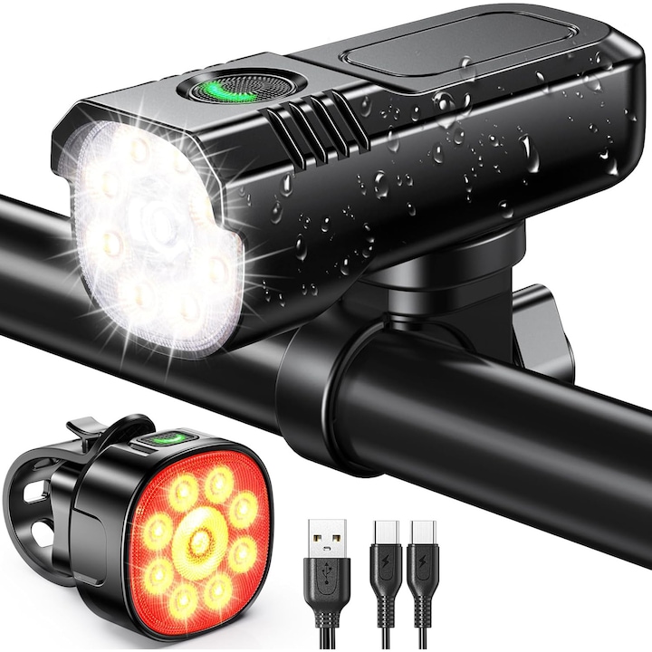 Set Lumini Bicicleta, Trotineta Fata Spate BeGenius®, Far si Stop Reincarcabil USB, Far 8 Moduri si Stop cu 7 Moduri de Functionare, Vizibil pe Timp de Noapte si Zi, Montaj Simplu si Rapid, Rezistent la Apa IP65, Negru