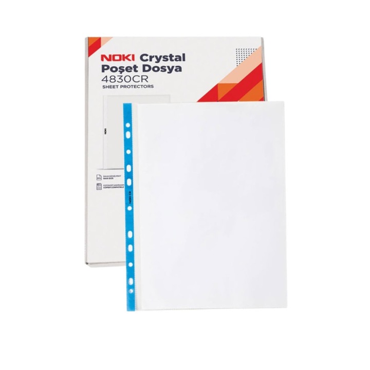 Set 100 folii protectie A4 Noki Blue Edge, deschidere superioara, 90 microni, cristal, 236x305mm