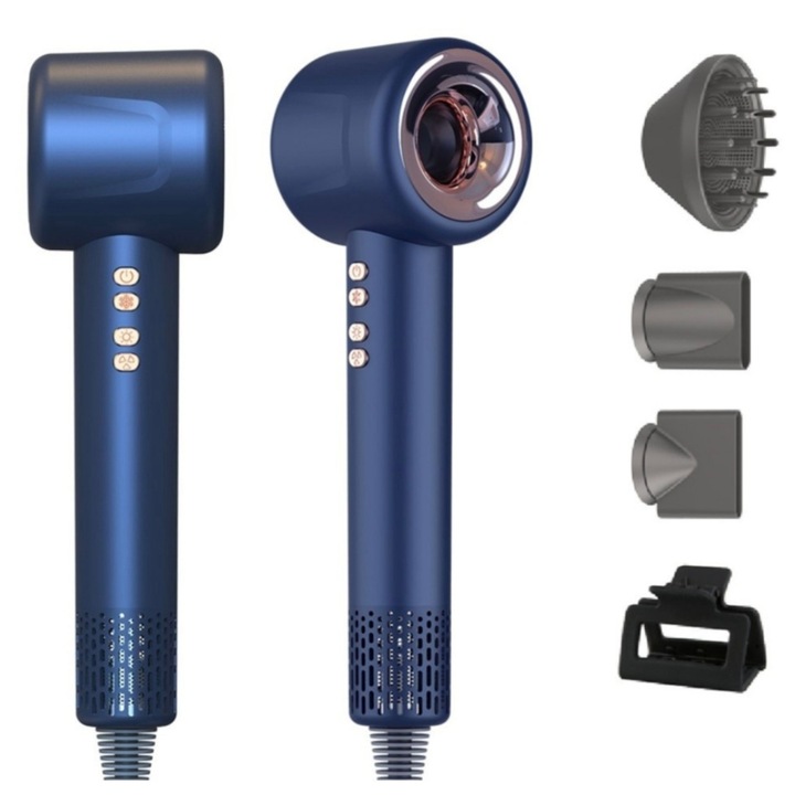 Uscător de Păr Profesional 2000W, 110.000 RPM, Ioni Negativi, Albastru, Compact, 4 Accesorii
