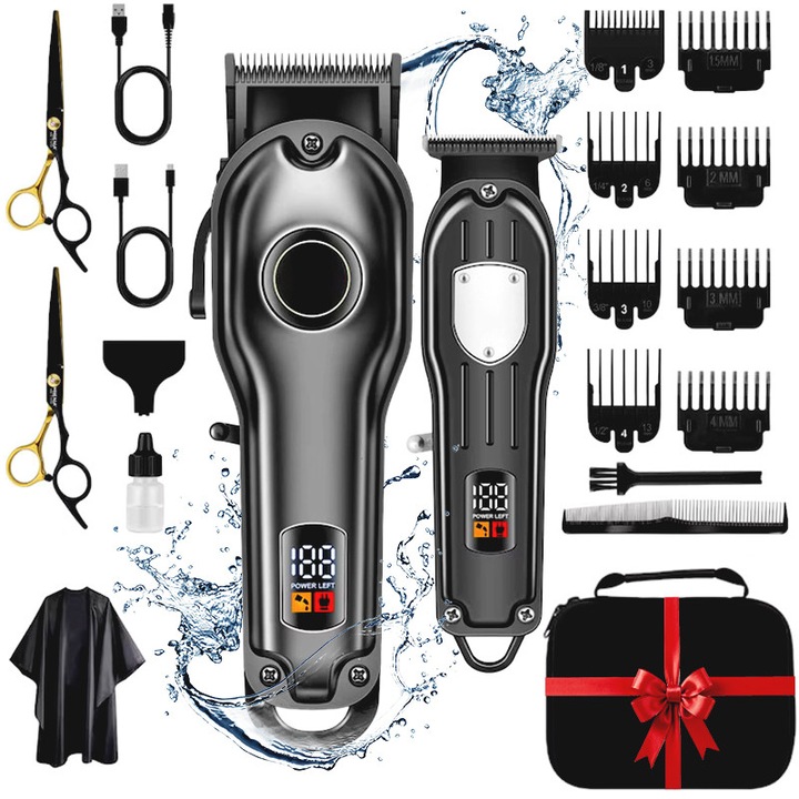 Masina de tuns Profesionala Xenomo® DUAL TRIM, Clipper si Trimmer T-Blade cu lame Inox, Ultra Sharp, Afisaj Digital, Incarcare USB, Kit Accesorii pentru Acasa sau Salon