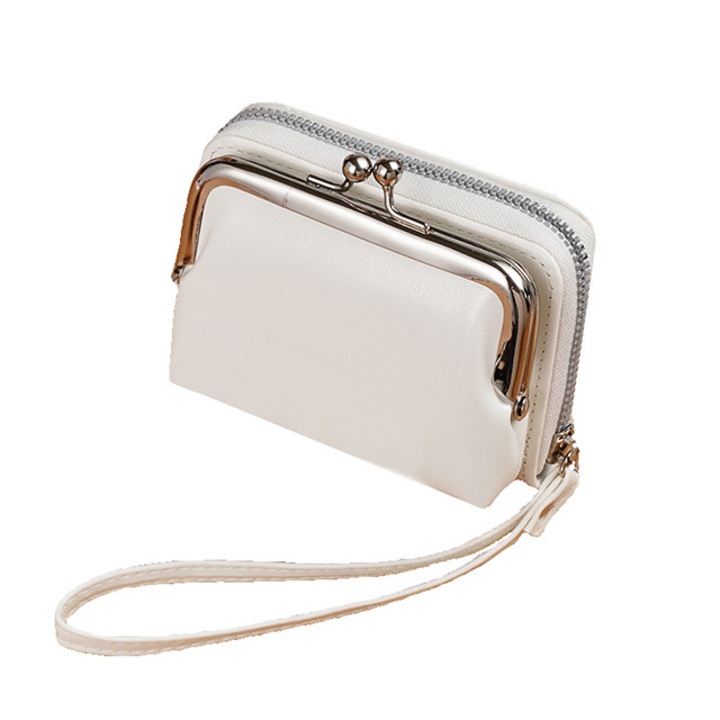 Дамски портфейл, екокожа, с цип и клипс за закопчаване, отделение за монети, 12 отделения, бял