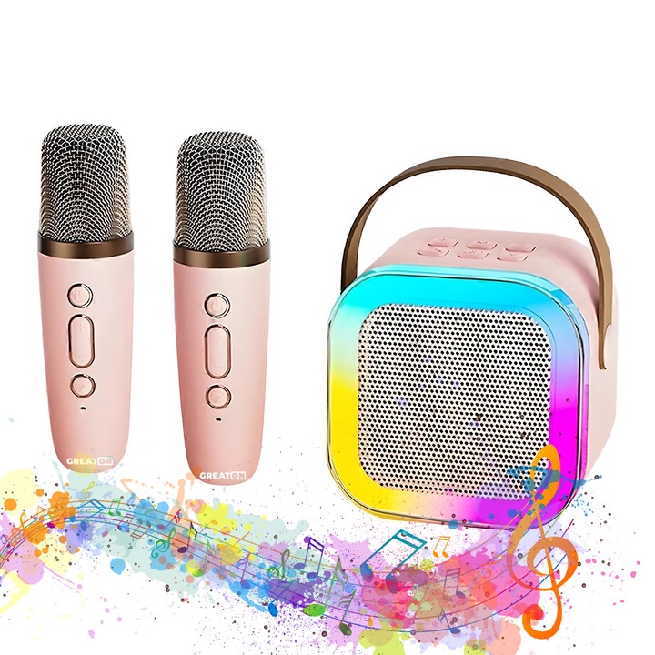 Комплект GREATON Smart Station с микрофон и безжичен високоговорител, караоке, 2 микрофона включени, за деца и възрастни, преносим, 2 в 1 с RGB LED светлина, слот за карта, розов