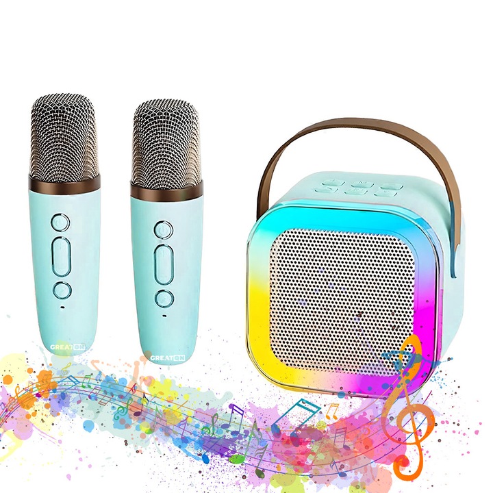 Комплект 2 микрофона с тонколона GREATON Smart Station, караоке, за деца и възрастни, преносим, 2 в 1 с RGB LED светлина, слот за карта, син