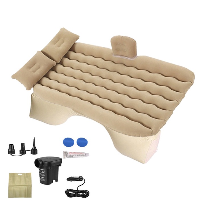 Надуваем матрак за кола NEXTLY, за пейка/къмпинг/палатка/плаж, кадифен материал, 2 възглавници и помпа за напомпване включени, 130x80 см, издържа до 136 кг, чанта за съхранение, комплект за ремонт, удобен и издръжлив PVC материал, кремав