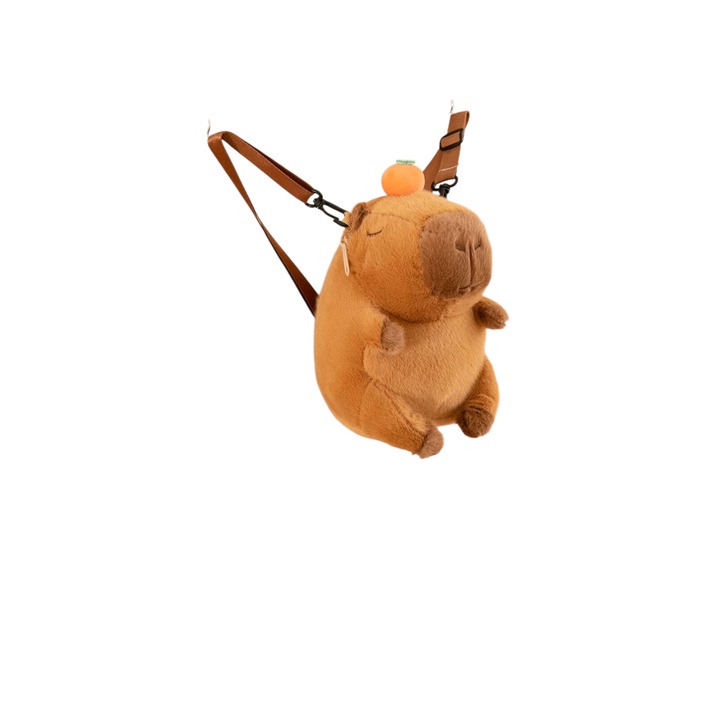 Mini vízidisznó plüss hátizsák, mandarin díszítéssel, két pánttal, bolyhos anyagból, 25cm, óvodába vagy bölcsődébe