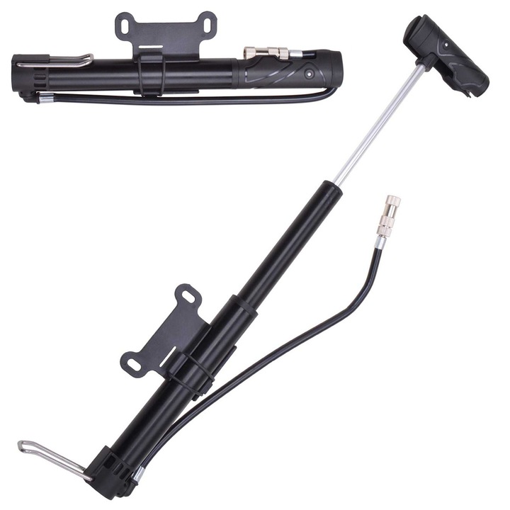 Mini pompa aer cu suport pentru bicicleta si clema de picior, lungime 26cm, functioneaza cu toate tipurile de ventile