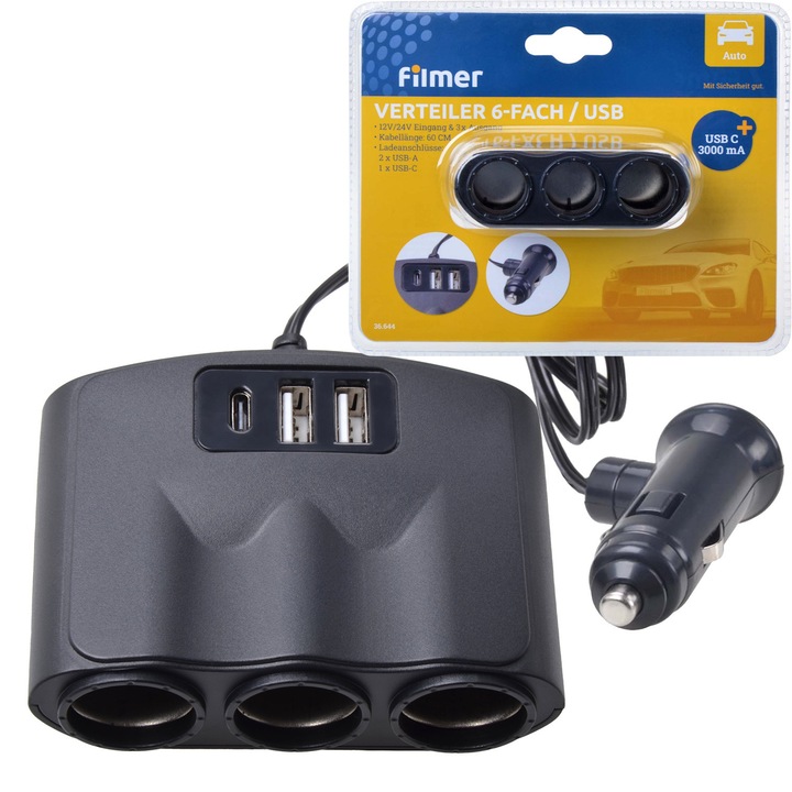 Multiplicator Mufa Priza Bricheta Auto DIOV, 3 iesiri 12V-24V, 3 x USB, putere 60W, negru, 9,5x7x3,5cm