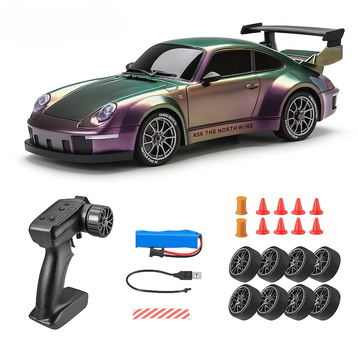 Távirányítós autó, POKKO® RC Drift Car, 1:24, 2.4GHz, 20 km/h, 2 Gumiabroncs szett (Sebesség és Drift), lila