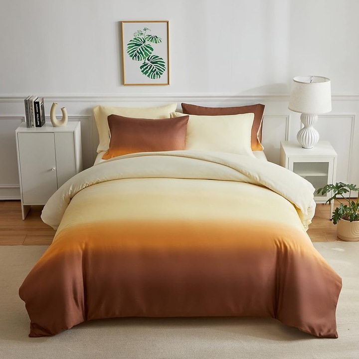 Lenjerie de pat cu uscare rapida 200x220 Maro cu galben 3 piese-1 husa pilota+ 2 huse perini 80x80 cm