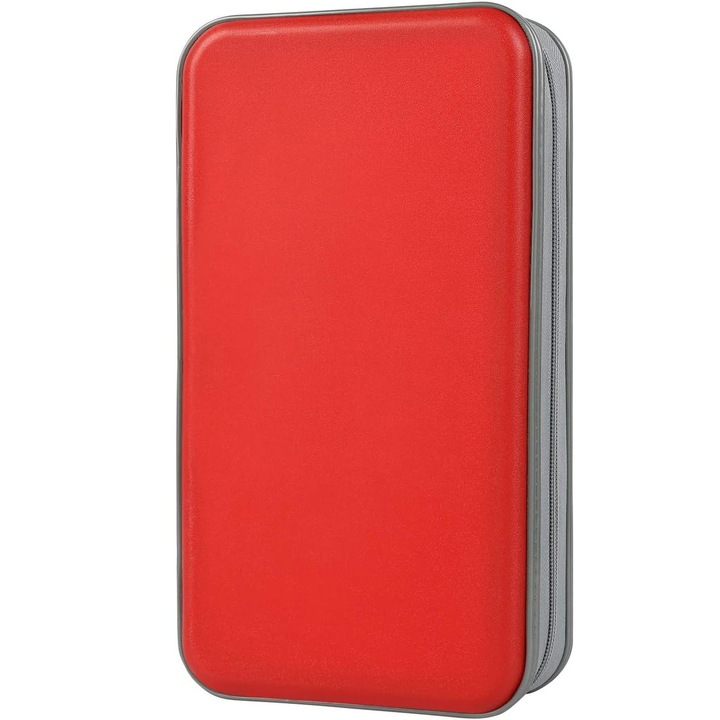 Mapa CD/DVD 96 Locuri alavisxf xx, Organizator cu Buzunare Transparente, Fermoar, Maner Portabil, Rosu, 285x155x64mm