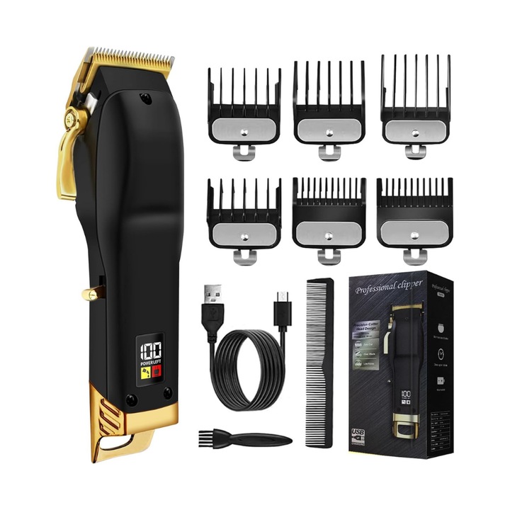 Masina de Tuns Profesionala fara Fir pentru Barbati, 7200 RPM Motor Puternic, Aparat Tuns Par si Barba cu Lame din Otel Inoxidabil, 6 Piepteni Ajustabili, Afisaj Display LED, Autonomie mare 180 Minute, incarcare USB, FilSAB