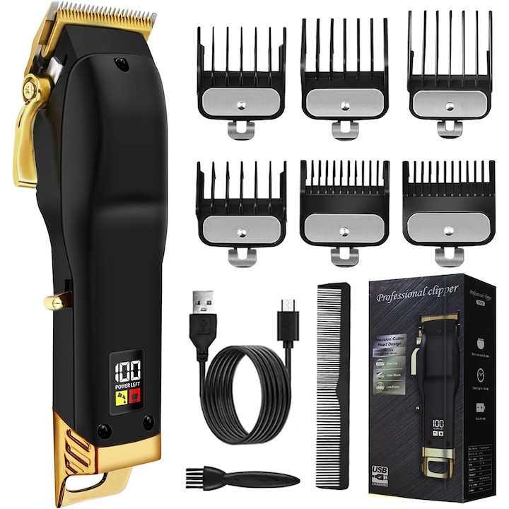 Masina de Tuns Profesionala fara Fir pentru Barbati, Aparat Tuns Par si Barba cu Lame din Otel Carbon, 6 Piepteni Ajustabili, Display LCD, Motor Puternic, Autonomie 180 Min, Trimmer Nas si Urechi