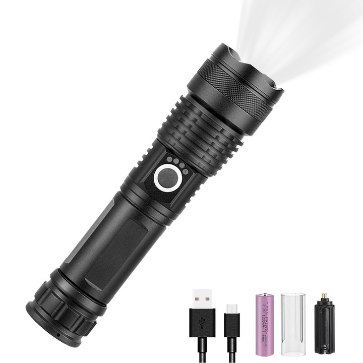 LED тактически фенер, Акумулаторен, 5 режима на светене, ротационен зуум, бързо охлаждане, водоустойчив, преносим, подходящ за: аварийни ситуации, колоездене, нощен трекинг, търсене и спасяване