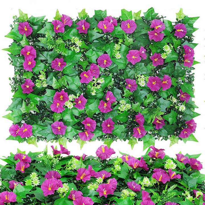 Planta Artificiala Feicaeesa, Gradina Verticala, Floare Mov-Violet cu Galben, 40x60 cm, Set 42 Bucati, Frunze Verzi