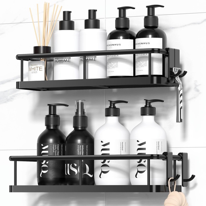 Set 2 Rafturi de baie, LanpoVista, cu carligi detasabili, negru