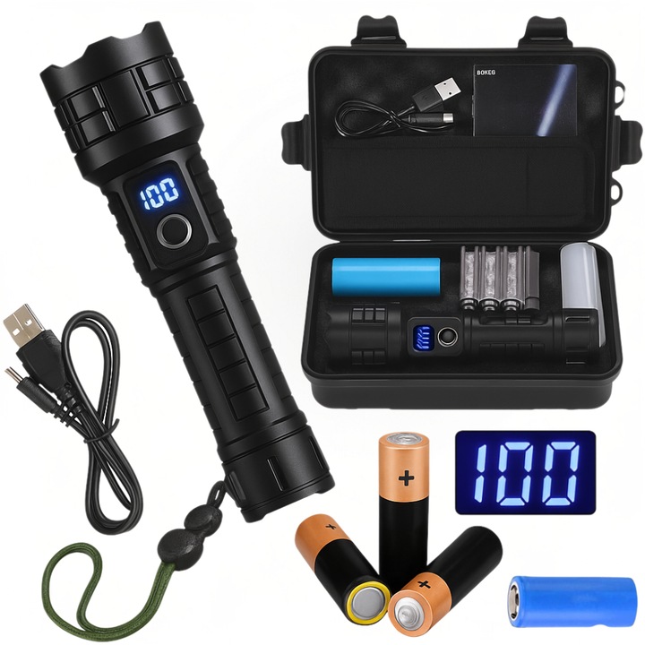 Акумулаторно фенерче IdealTI®, 30W LED, 1200 лумена, Zoom, 5 режима на осветление, дисплей за батерията, батерия 5000 mAh, зареждане през USB, IP54, обхват над 1000 м