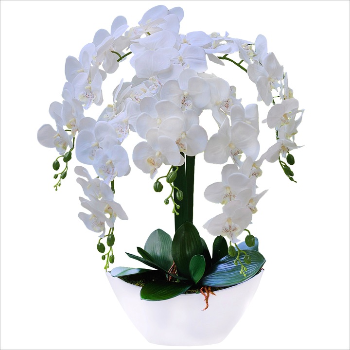 Orhidee artificiala Phalaenopsis H 65cm in ghiveci alb, 5 ramuri bogate, aspect natural, MEDAYA®, alba