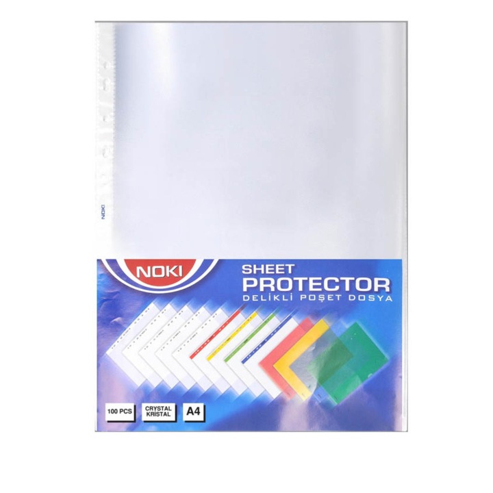 Set 100 folii de protectie A4 Noki, deschidere superioara, 45 microni, cristal, perforate