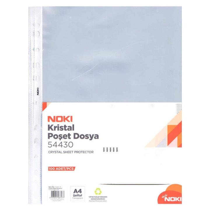 Set 100 folii de protecție A4 Noki, 75 microni, deschidere superioară, cristal, perforate