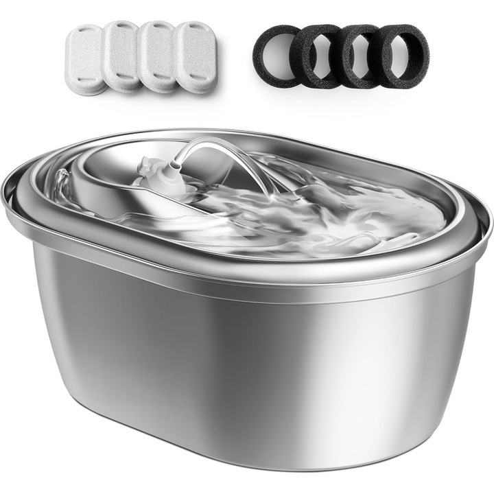 Dispenser apa automat tip fantana NextWave® pentru pisici si caini, cu fereastra mare pentru nivelul apei, purificare si filtrare prin carbune activ, otel inoxidabil 304, ultra-silentiosa, USB C, adaptor priza, model rotund, Argintiu