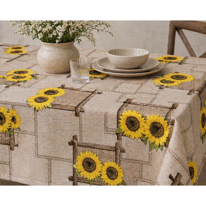 Fata de masa impermeabila, dreptunghiulara, 100x140 cm, material PVC/textil, model rustic floarea soarelui