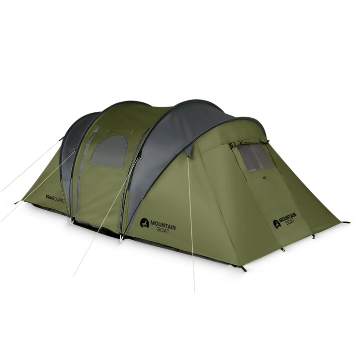 Cort turistic usor, MOUNTAIN GOAT, 4 persoane, PRIME QUATRO, cu veranda spatioasa, 2 intrari, 2 dormitoare, 4000 mm impermeabil, podea 6000 mm, ventilatie eficienta, montare rapida, camping, trekking, natura, verde masliniu