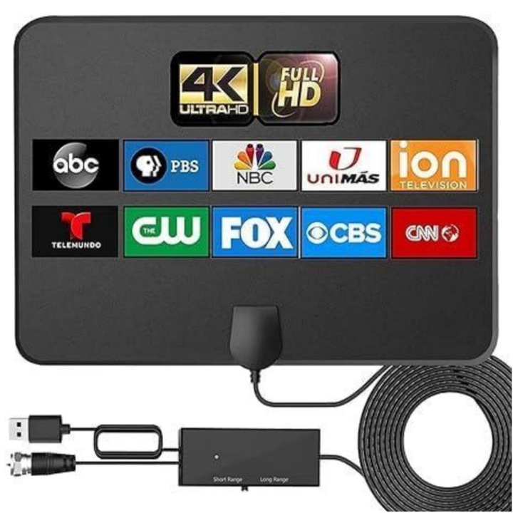 Erősített TV antenna, OTTOOPPXIN, 39dBi, akár 610 km-es hatótávolság, DVB-T/T2, ISDB-T, ATSC, DAB/FM támogatás, 210x120mm, fekete színű