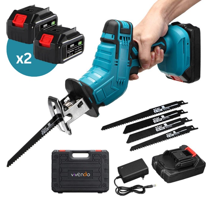 Fierastrau Electric Sabie Vivendo® 36V, 2 Acumulatori Li-Ion, 4 Panze Incluse, Albastru