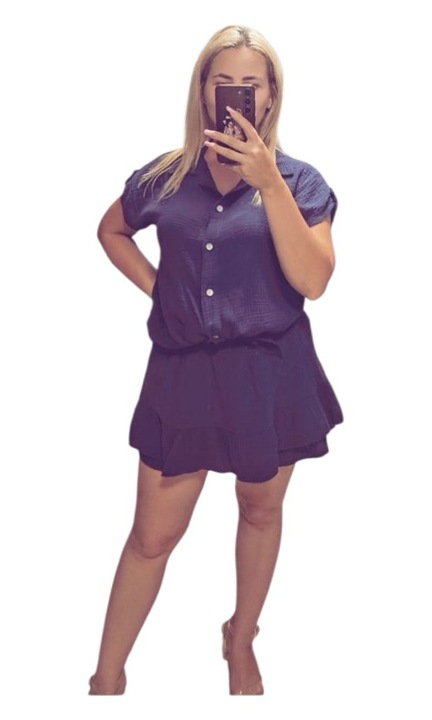 Compleu dama, Albastru inchis, lejer, camasa cu fusta stil pantaloni, marime universala