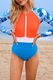 Costum de baie, o piesa, model vesel, maneci lungi, inchidere cu fermoar in fata, chilot decupaj clasic, tematica chill and happy summer, marimea M, albastru cu portocaliu, EFAYN