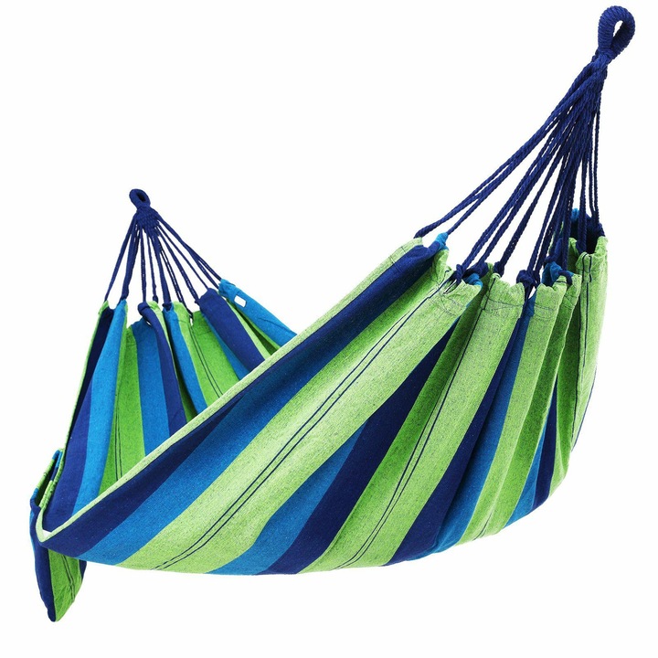 Хамак Songmics, Максимален капацитет 300 кг, Удобен за 1-2 души, Лесен за носене с чанта, За градина, Тераса и екскурзии, Памук/Полиестер, Зелен/Син