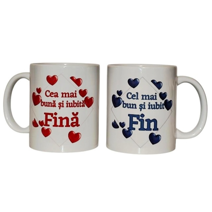 Set 2 cani personalizate pentru Fini, ceramica, albe, 330 ml