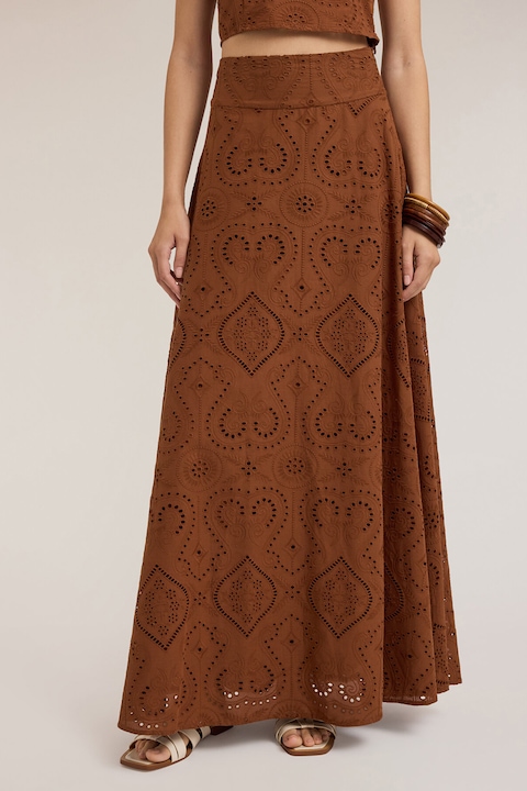 MOTIVI, Fusta cu croiala pe bie si design perforat, Maro cognac