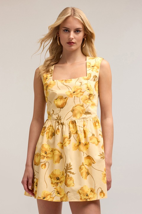 MOTIVI, Rochie scurta cu decolteu patrat, Galben sofran/Galben inchis