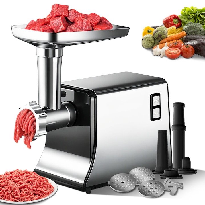 Masina de tocat carne, 2600W, inox, 3kg/min, 3 site metalice, functie inversare, pentru carnati