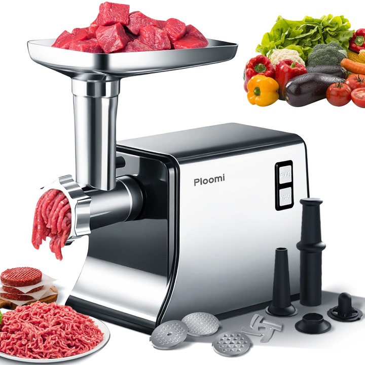 Masina de tocat carne, Ploomi™, 2600W, 3kg/min, 3 site metalice, functie inversare, 3 tuburi umplere carnati, Negru/Argintiu