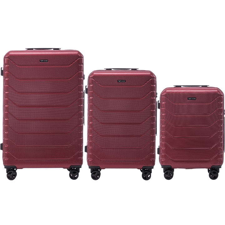 Set valize, Wings, Crake, 3 buc, policarbonat, rosu, TSA, rotile 360°