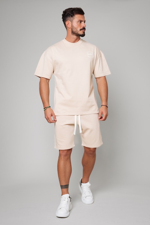 Set LeClub tricou oversized si pantalon scurt Light Beige 11071, Bej deschis, 2XL