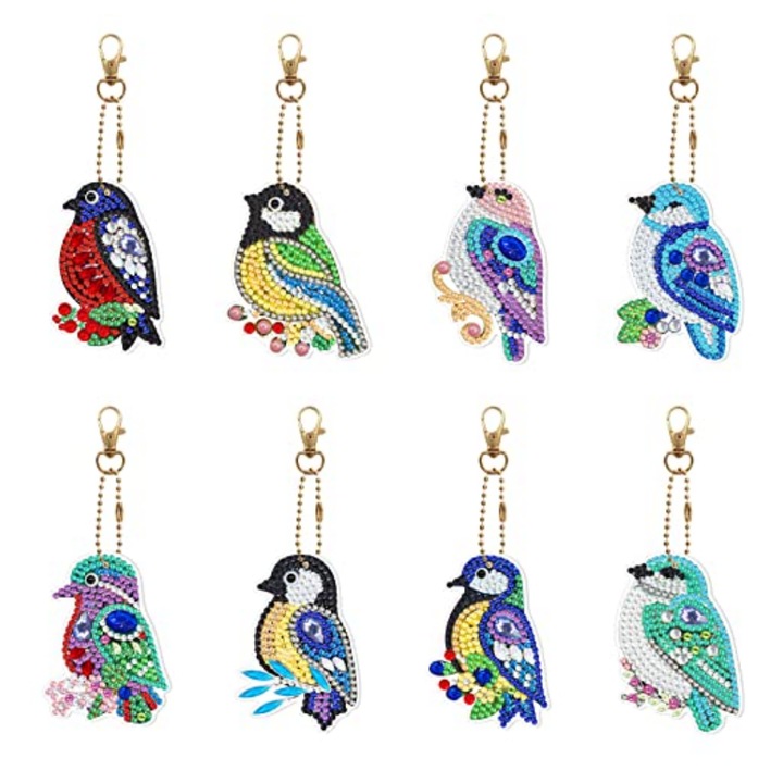 Set 8 Brelocuri, Diamond Painting 5D, Model Pasari, Kit Creativ cu Mozaic Stralucitor