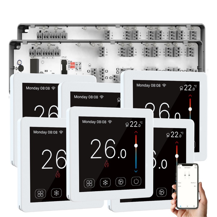 Automatizare Incalzire in Pardoseala Q10, Controller 2x 8 zone, 6 Termostate Q50, Incastrabil, cu fir, Programabil, Ecran color TFT, Touchscreen, Control prin telefon, ideal pentru a controla centrale pe gaz sau electrice, Alb